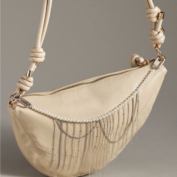 Anthropologie Bag Charm Pearl Chain Silver Fringe Purse Accessory - Picture 2 of 4